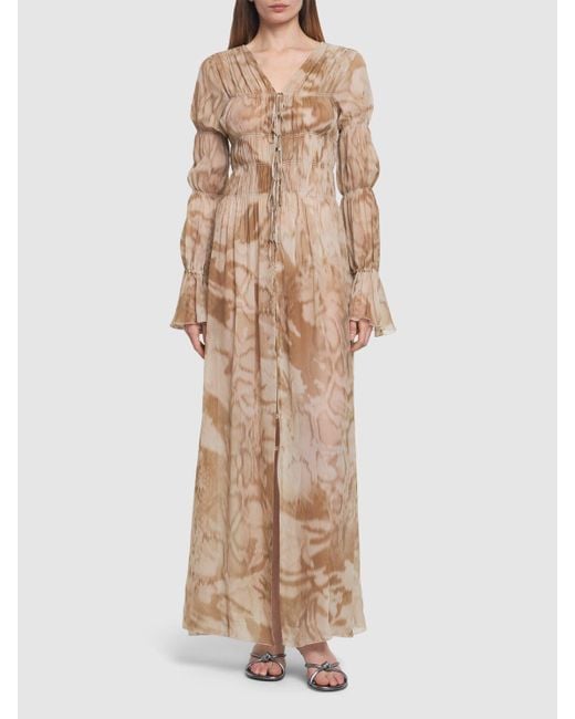 Blumarine Natural Gathered Printed Viscose Long Dress