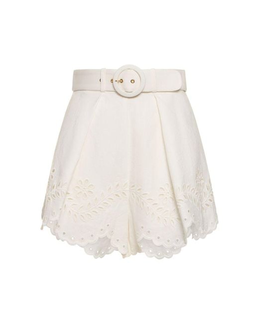 Zimmermann White Junie Embroidered Linen Shorts