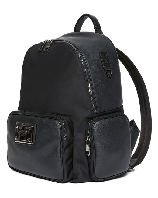 Dolce & Gabbana Black Leather & Nylon Logo Plaque Backpack for men
