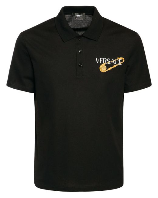 Versace Logo Embroidery Jersey Piquet Polo in Black for Men - Lyst