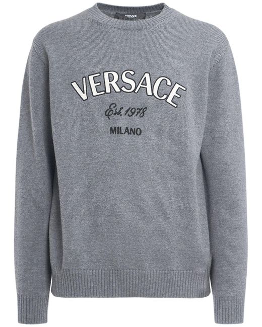 Versace Gray Logo Embroidery Wool Sweater for men