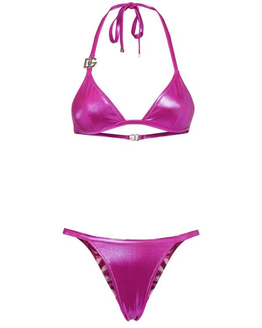 Dolce & Gabbana Purple Laminated Jersey Triangle Bikini Set