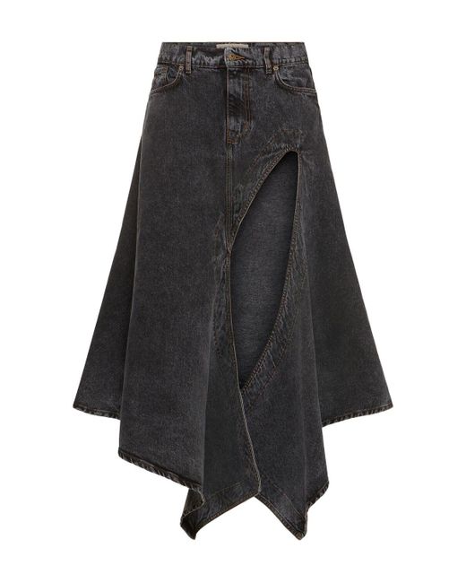 Y. Project Black Denim Asymmetric Slit Midi Skirt
