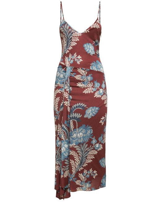 Etro Red Draped Printed Viscose Long Dress