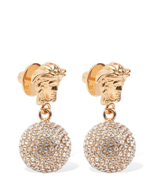 Versace Metallic Logo Crystal Pendant Earrings