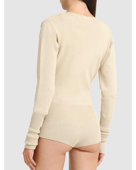 Entire studios Natural Deep V-Neck Long Sleeve Knit Bodysuit