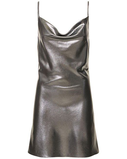 ROTATE BIRGER CHRISTENSEN Gray Metallic Draped Mini Slip Dress