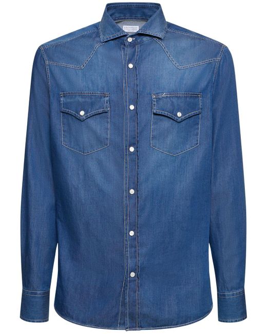 Brunello Cucinelli Blue Cotton Denim Shirt for men