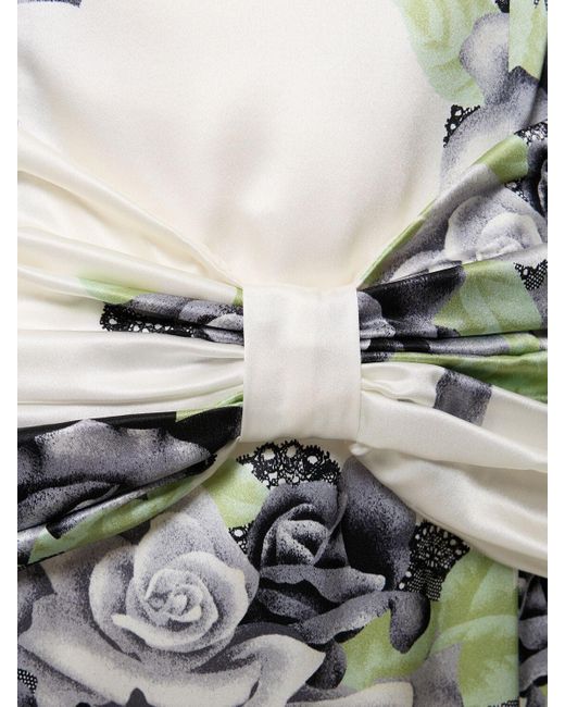 Alessandra Rich Gray Rose Print Silk Satin Dress W/ Bow