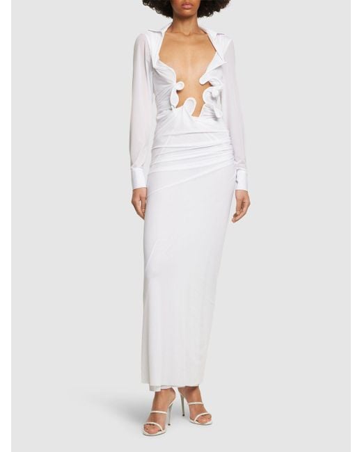Christopher Esber White Venus Plunge Embellished L/S Maxi Dress