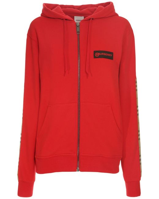 Burberry Zip-up Jersey Sweatshirt W/ Check Detail in Red - Lyst