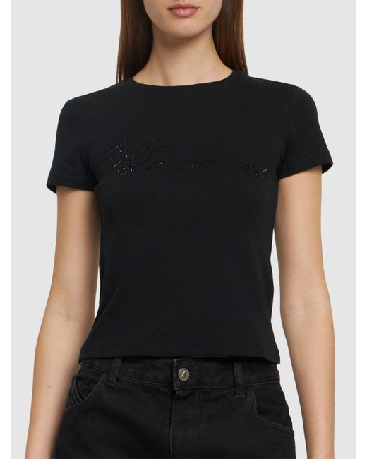 T-shirt in jersey di cotone con logo e cristalli di Blumarine in Black