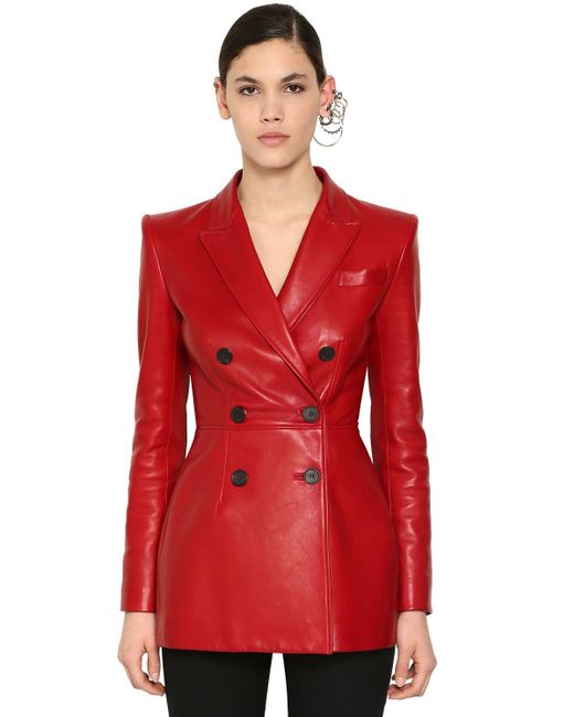 Alexander McQueen Red Double-breasted Leather Blazer