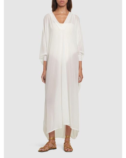 Balmain White Shiny Jersey Long V-neck Kaftan Dress