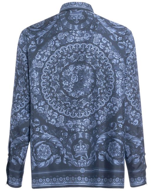 Camicia barocco in twill di seta stampato di Versace in Blue da Uomo