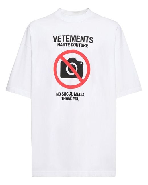 Vetements White No Social Media Printed Cotton T-Shirt for men