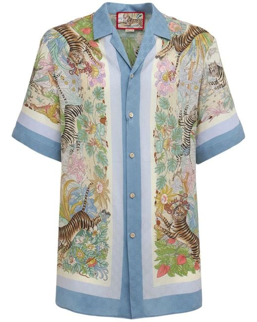 Gucci Blue Tiger & Flower Print Silk Shirt for men