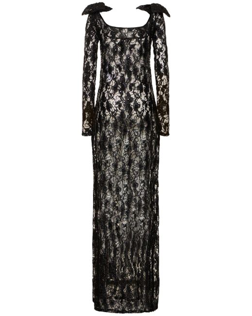 Nina Ricci Black Sequined Lace Cutout Long Dress W/ Bow