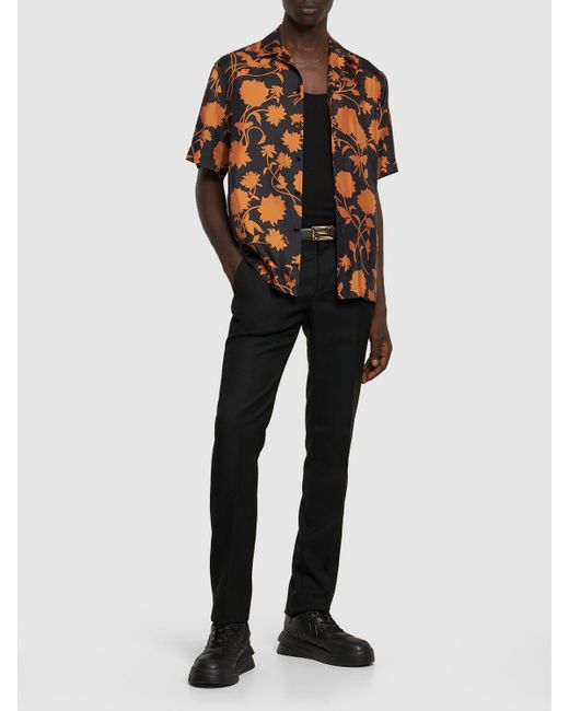 Versace Orange Flower Print Silk Short Sleeve Shirt for men