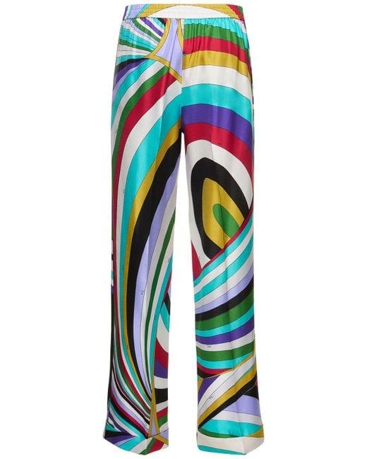 Pantaloni larghi iride in twill di seta stampato di Emilio Pucci in Blue