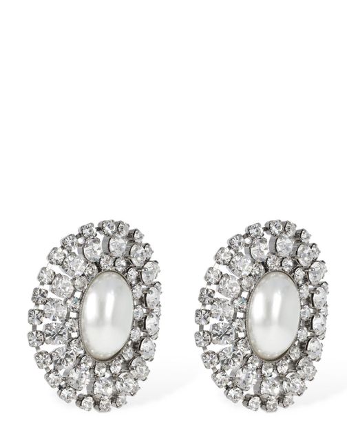 Alessandra Rich White Oval Crystal Earrings W/ Faux Pearl