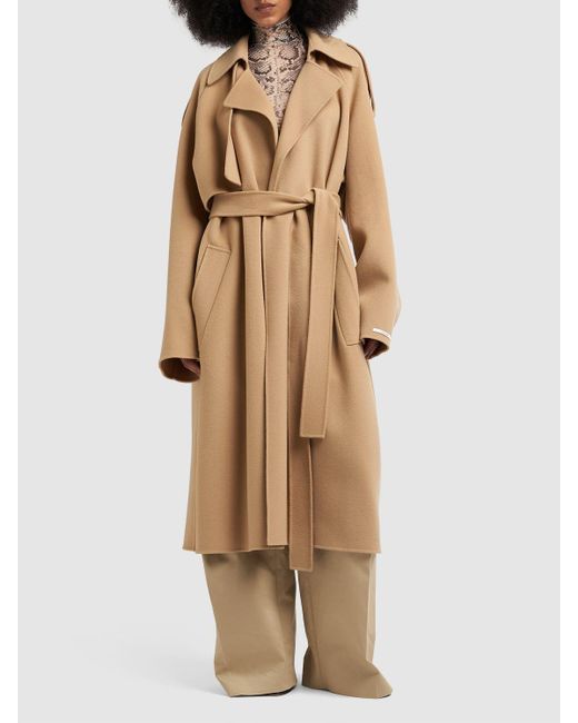 Sportmax Natural Fiore Belted Wool Long Coat