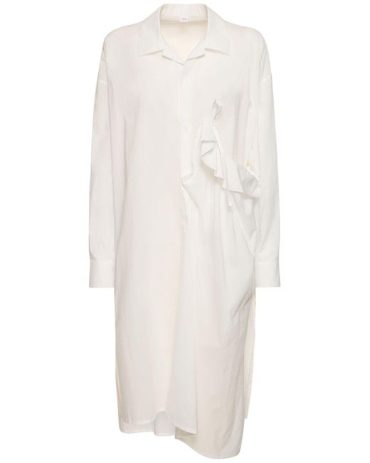 Vestito midi asimmetrico in cotone arricciato di Yohji Yamamoto in White