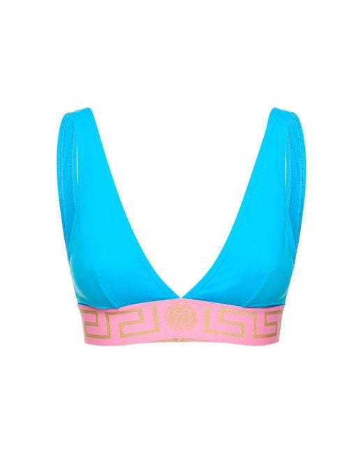 Versace Blue Greca Logo Triangle Bikini Top