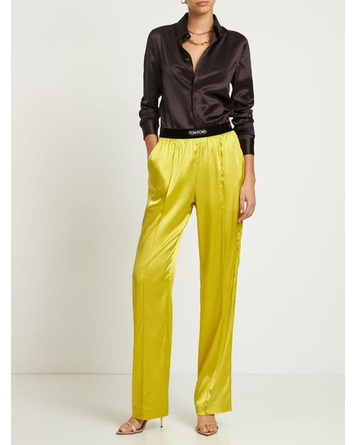 Tom Ford Yellow Logo Silk Satin Pajama Pants