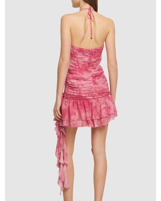 Blumarine Pink Ruched Rose Printed Viscose Mini Dress