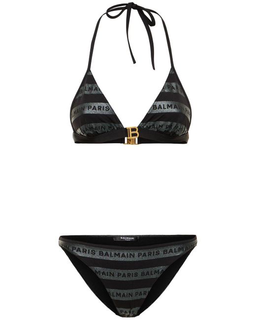 Bikini triangle à rayures pailletées et logo Balmain en coloris Black