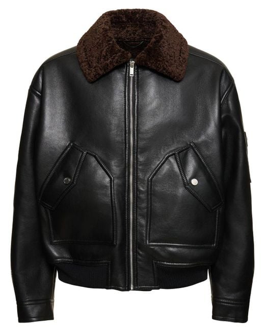Nanushka Black Faux Leather Shearling Flight Jacket for men