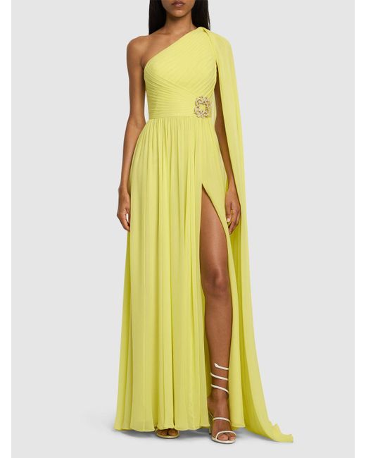 Elie Saab Yellow Embellished Silk One Shoulder Long Dress