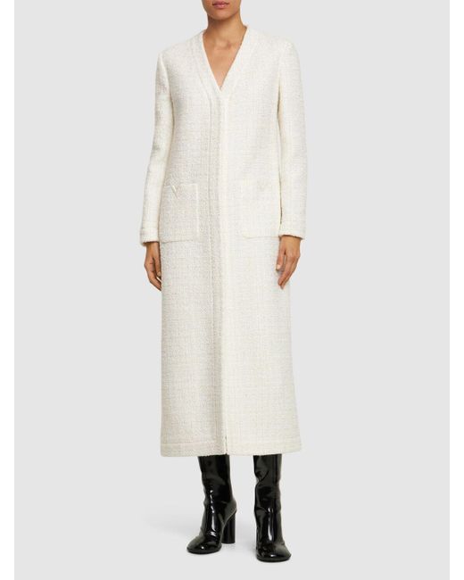 Valentino White Tweed Lurex V Neck Long Coat