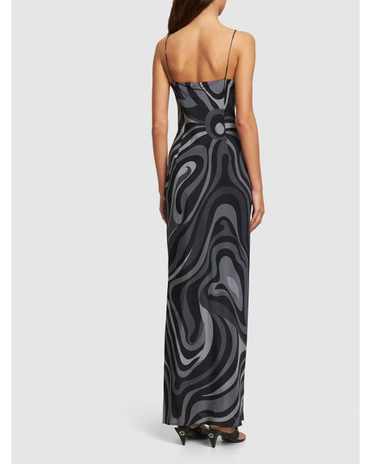Emilio Pucci Black Printed Silk Crepe V-neck Long Dress