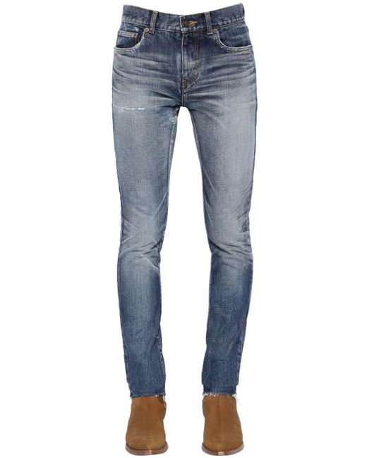 Saint Laurent Blue 15cm Skinny Low Rise Washed Denim Jeans for men