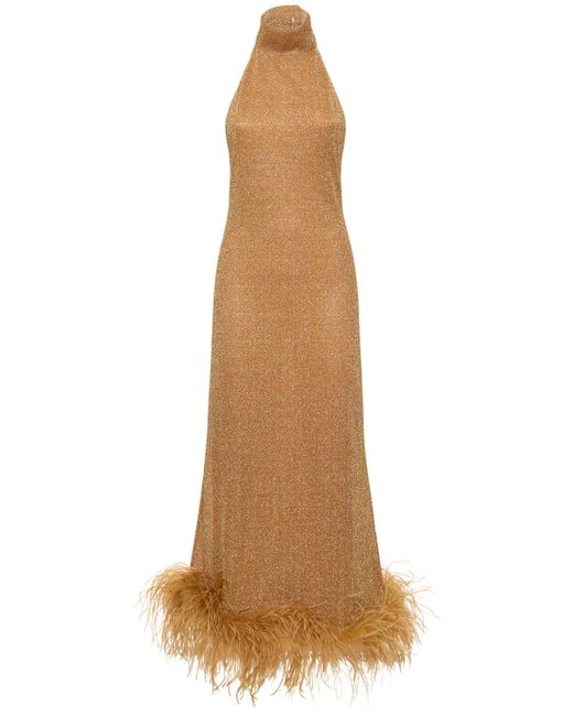 Oseree Natural Lumière Lurex Long Dress W/ Feathers