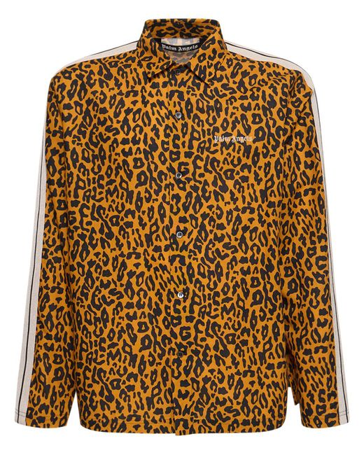 Palm Angels Brown Cheetah Linen Blend Track Shirt for men