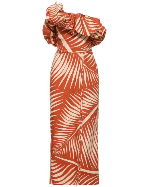 Johanna Ortiz Orange Printed Poplin One-Shoulder Midi Dress