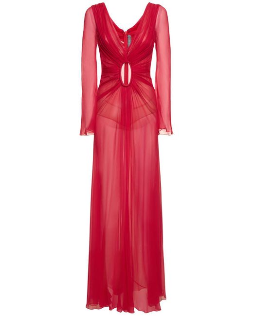 Robe longue en mousseline de soie drapée ajourée Alberta Ferretti en coloris Red