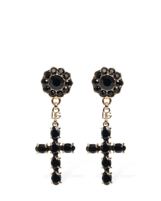 Dolce & Gabbana Black Plated Cross Pendant Earrings