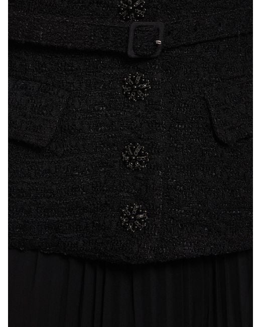 Self-Portrait Black Wandelbares Midikleid Aus Bouclé-tweed Und Plissiertem Georgette Mit Verzierungen