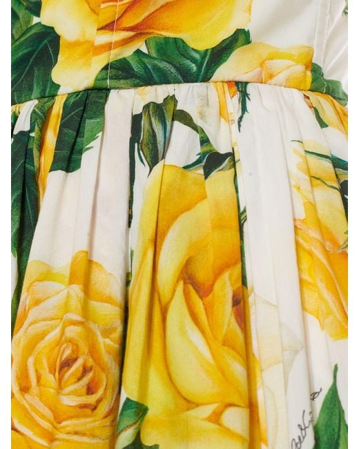 Dolce & Gabbana Yellow Rose Print Pleated Poplin Mini Dress
