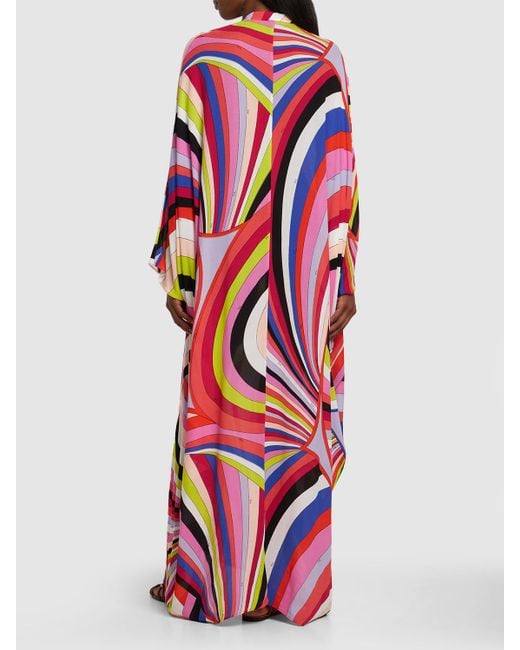 Emilio Pucci Red Maxi-kaftan Aus Twill Mit Druck "iride"