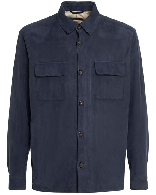 Loro Piana Blue Suede Buttoned Overshirt for men