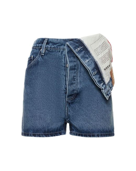 Y. Project Blue Fold-Over Waist Straight Denim Shorts