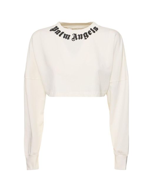 Palm Angels White Neck Logo Cropped Cotton Top