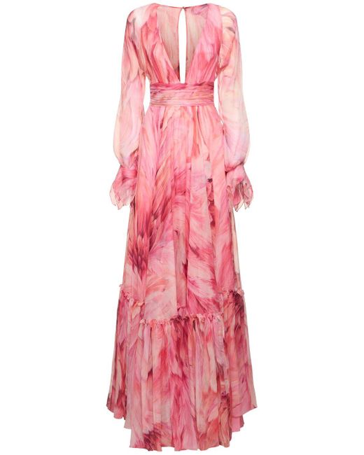 Roberto Cavalli Pink Printed Silk Chiffon Crepon Long Dress