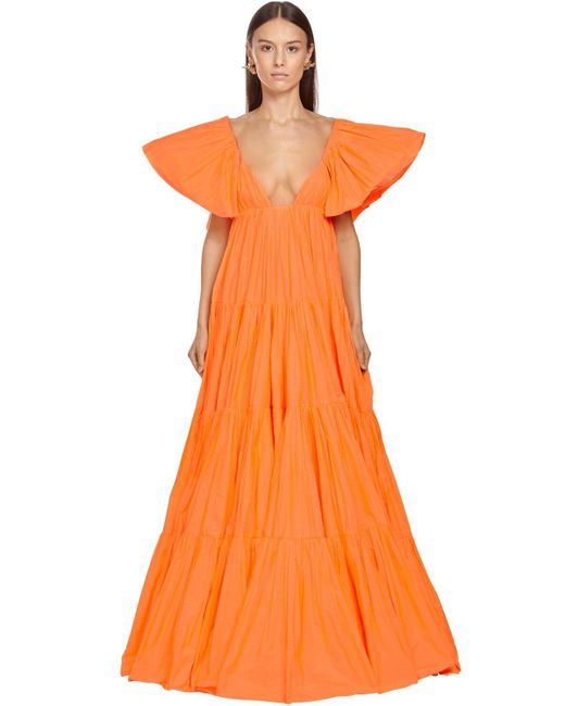 Vestido Largo De Tafetán Con Volantes Valentino de color Orange