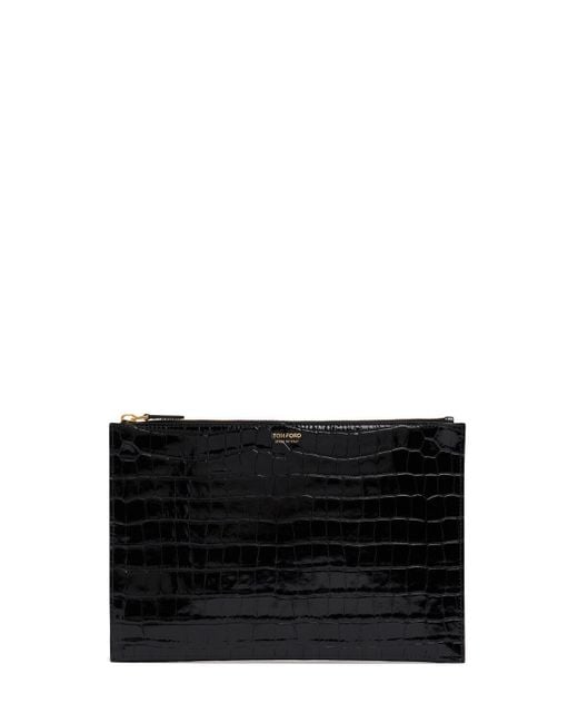 Tom Ford Black Shiny Croc Embossed Flat Pouch W/ Strap for men